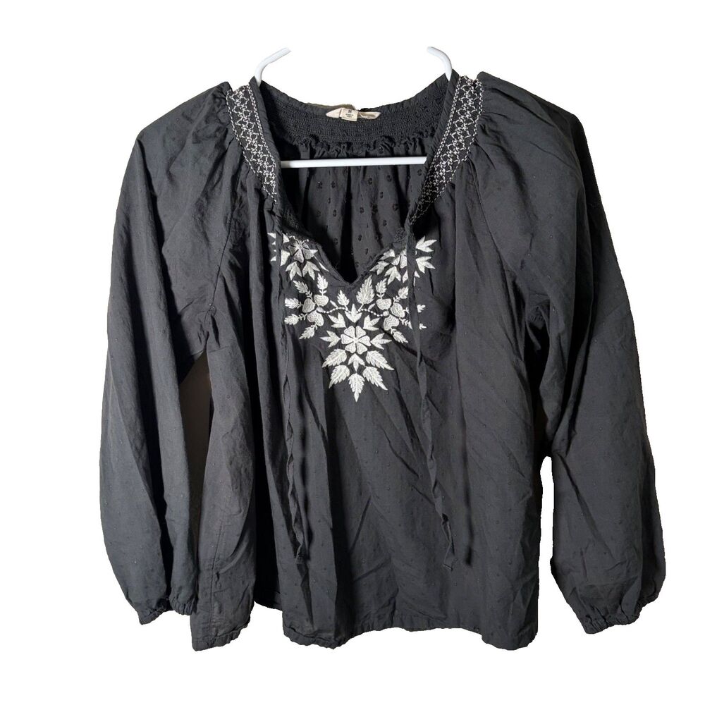 Lucky Brand Blouse Women's Medium V-Neck Embroidered 3/4 Sleeve Casual Tie